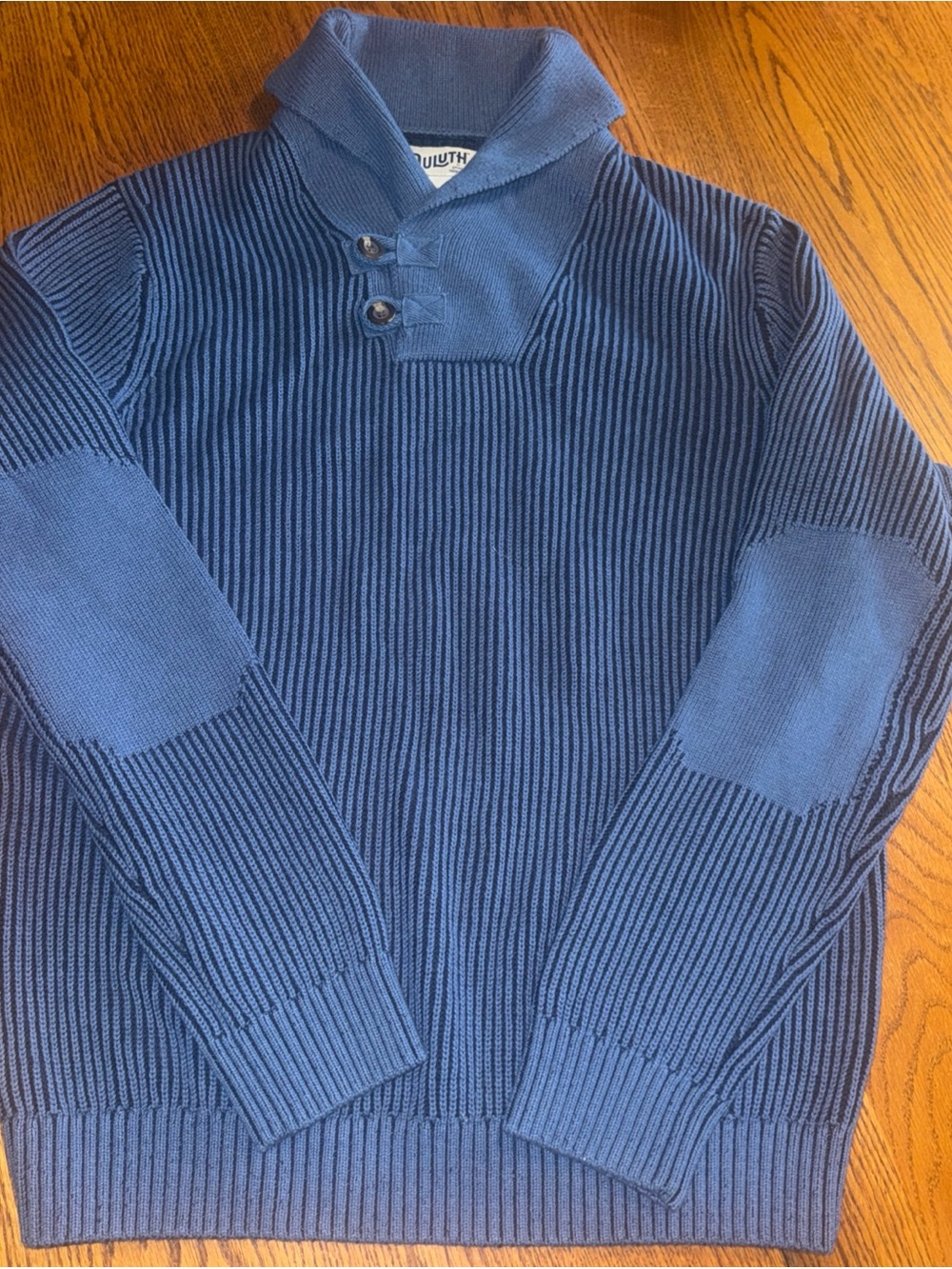 Duluth Trading Co Blue Ribbed V‑Neck Sweater with Elbow Patches